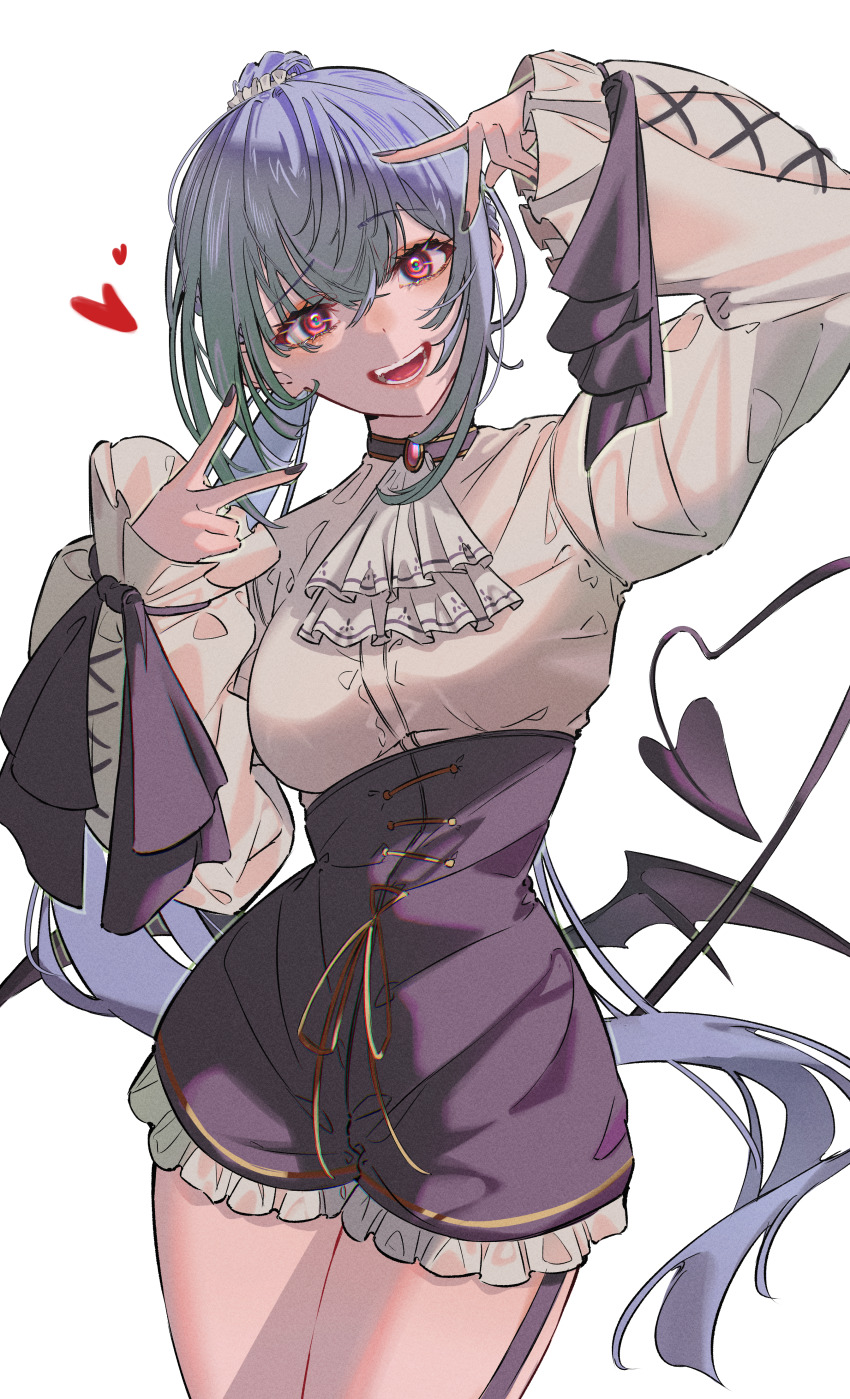 1girl, absurdres, ascot, bat_wings, black_nails, blouse, blue_hair, breasts