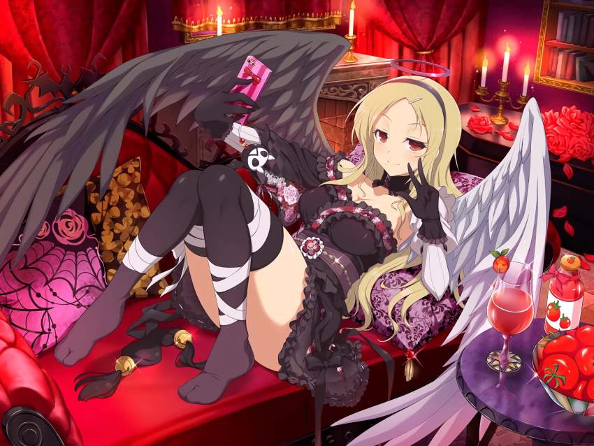 1girl, angel_wings, black_thighhighs, black_wings, blonde_hair, breasts, candle, cellphone