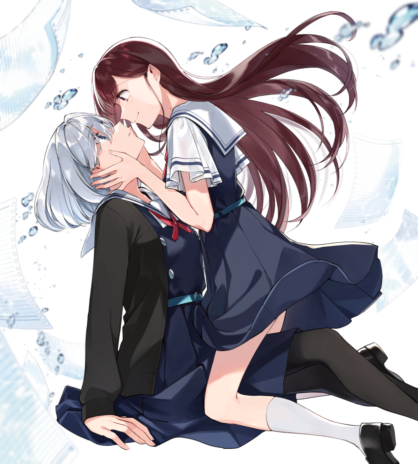 2girls, air_bubble, asaka_kaori, belt, black_footwear, black_jacket, black_legwear, blue_dress, blue_eyes, blush, brown_eyes, brown_hair, bubble, buttons, crying, crying_with_eyes_open, double-breasted, dress, eye_contact, feet_out_of_frame, hands_on_another's_face, highres, hoshikawa_shizuku, jacket, kimi_to_tsuzuru_utakata, kneeling, loafers, long_hair, long_sleeves, looking_at_another, looking_down, looking_up, mole, mole_on_neck, mole_under_eye, multiple_girls, pantyhose, paper, parted_lips, pinafore_dress, pleated_dress, red_neckwear, sailor_collar, shirt, shoes, short_hair, short_sleeves, silver_hair, sitting, sleeveless, sleeveless_dress, smile, tears, white_background, white_shirt, yuama, yuri
