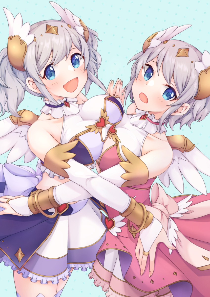 2girls, :o, akari_(angel)_(princess_connect!), akari_(princess_connect!), altheavin, asymmetrical_docking, bangle, bare_shoulders