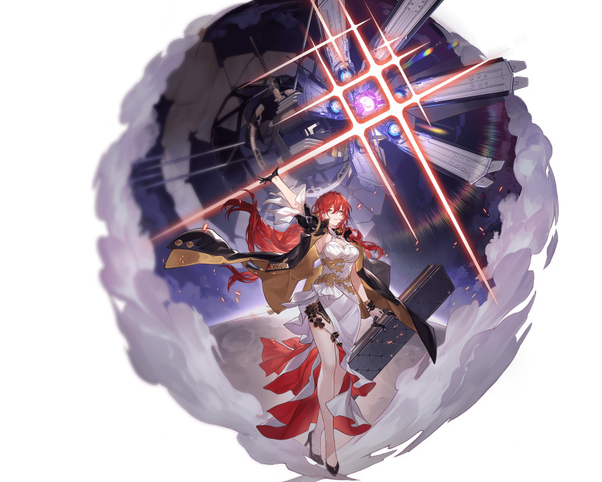 arm_up, bare_legs, black_gloves, bracelet, dress, gacha_game, gloves, high_heels