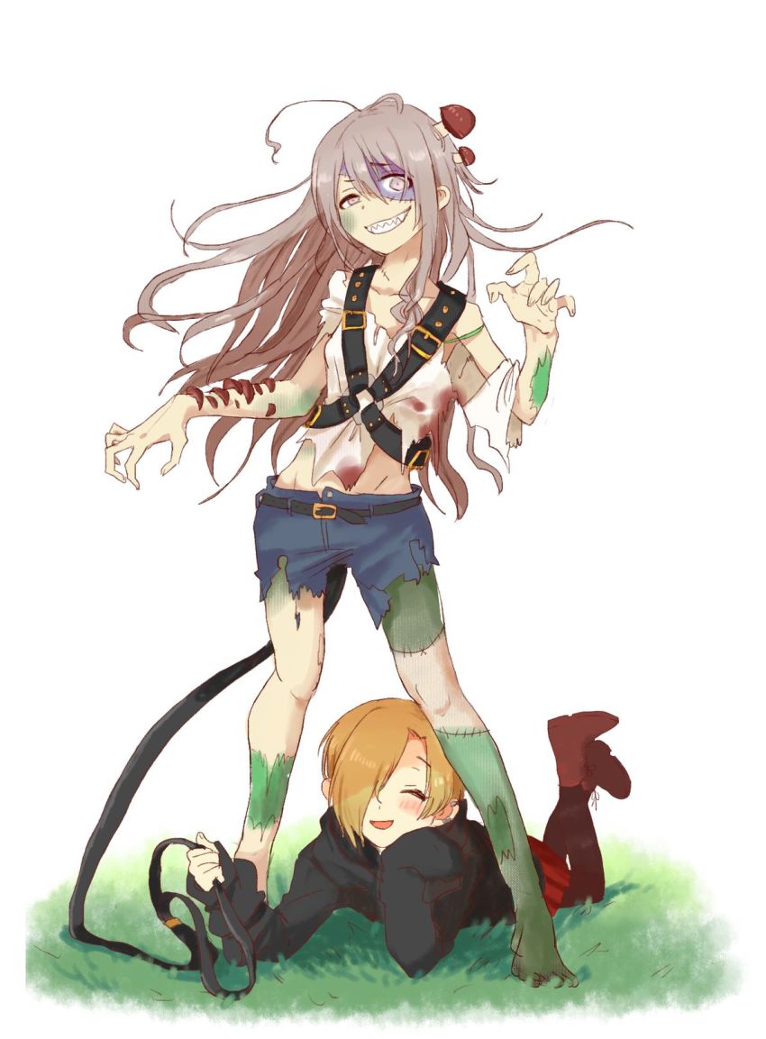 2girls, :d, a_ichi, ahoge, blood, blush, hair_between_eyes, hair_over_one_eye