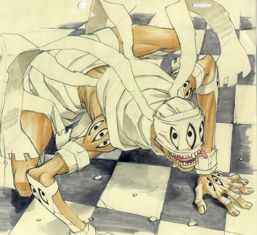 00s, 1boy, all_fours, asura_(soul_eater), bandages, checkered_floor, eye_focus, floor, gorigo, highres, male_focus, open_mouth, solo, soul_eater, teeth, tongue, tongue_out, traditional_media