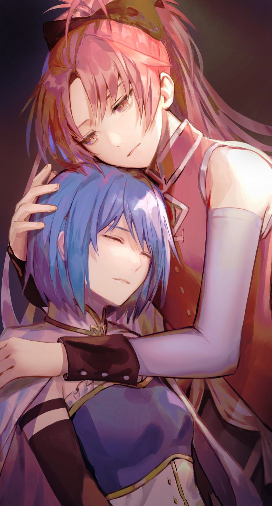 2girls, bare_shoulders, blue_hair, cape, closed_eyes, commentary_request, detached_sleeves, dress