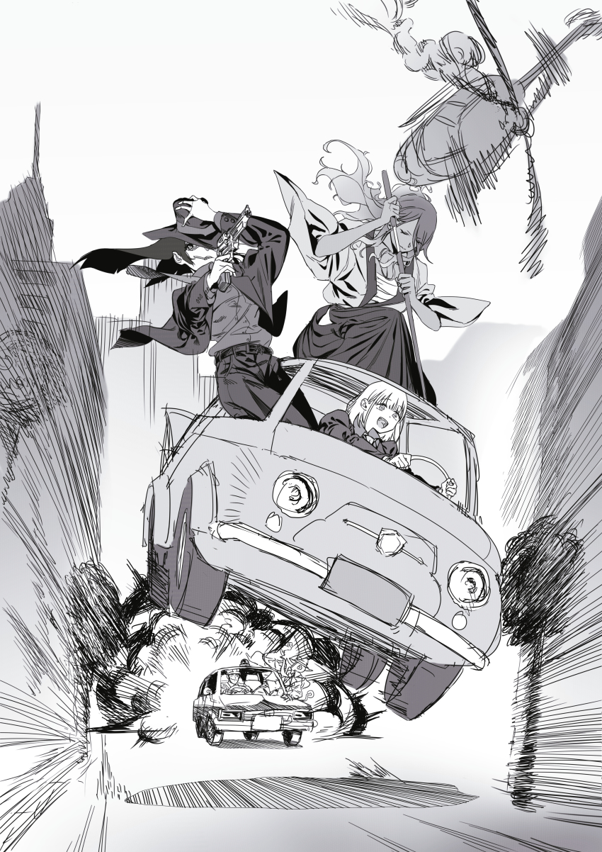 3girls, absurdres, aircraft, arsene_lupin_iii, arsene_lupin_iii_(cosplay), car, cigarette, cosplay