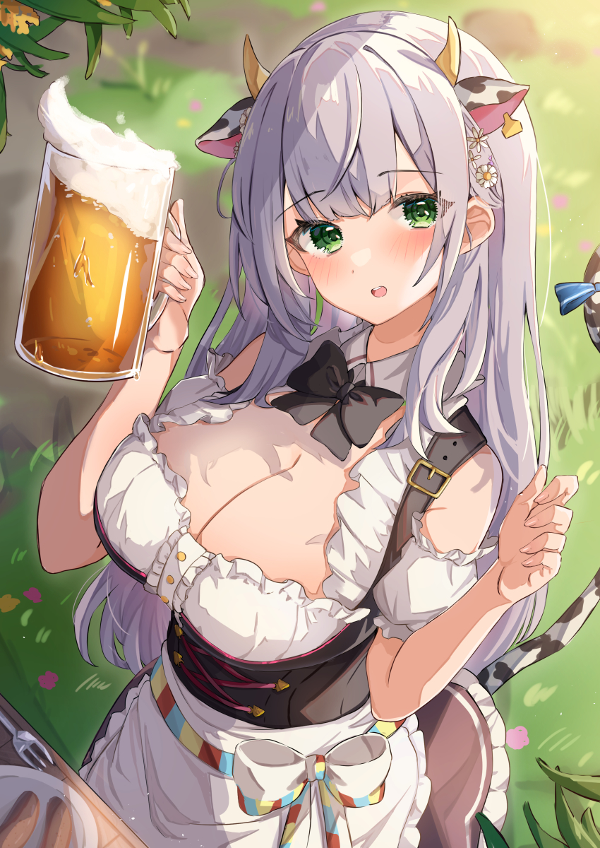 1girl, absurdres, alcohol, amefukura_art, animal_ears, apron, beer, beer_mug