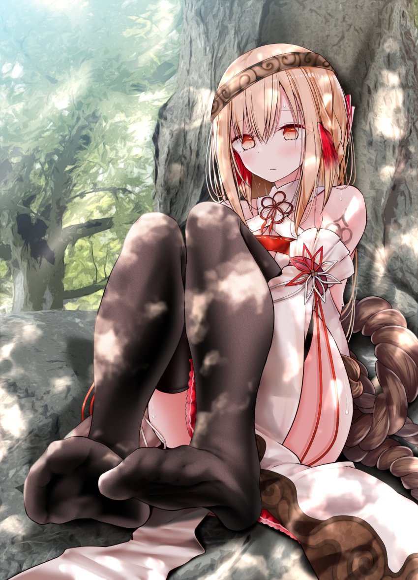 1girl, animal_ears, aquaplus, blonde_hair, blush, braid, branch, closed_mouth, feet, full_body, gradient_eyes, hair_between_eyes, headband, highres, knees_up, leaf, legs_together, long_hair, multicolored_eyes, official_art, oouso, orange_eyes, outdoors, raised_eyebrows, red_eyes, sidelocks, sitting, sleeveless, solo, sunlight, suzuri_(utawarerumono:_lost_flag), suzuri_guiding_lantern, sweat, tattoo, thick_thighs, thighhighs, thighs, tree, tree_shade, utawarerumono, utawarerumono:_lost_flag, utawarerumono:_lost_flag_support_illustration_relay, very_long_hair