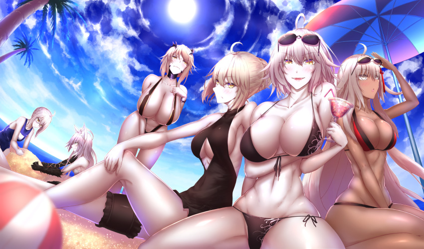 6+girls, ahoge, animal_ears, artoria_pendragon_(fate), artoria_pendragon_(lancer_alter)_(fate), atalanta_(fate), atalanta_alter_(fate), ball, bare_shoulders, beach, beachball, between_legs, bikini, black_bikini, blush, breast_hold, breasts, brown_eyes, cat_ears, center_opening, check_commentary, cleavage, cloud, cloudy_sky, cocktail_glass, commentary_request, cup, dark-skinned_female, dark_skin, day, drinking_glass, drinking_straw, embarrassed, eyewear_on_head, fate/grand_order, fate_(series), female_focus, frilled_thigh_strap, front-tie_bikini_top, front-tie_top, glasses, grey_eyes, hand_between_legs, highres, holding, huge_breasts, jeanne_d'arc_(fate), jeanne_d'arc_alter_(avenger)_(fate), jeanne_d'arc_alter_(fate), large_breasts, leaning_forward, long_hair, looking_at_viewer, multiple_girls, multiple_persona, mysterious_heroine_x_alter_(fate), navel, ocean, okita_souji_(fate), okita_souji_alter_(fate), one-piece_swimsuit, pale_skin, red_bikini, revision, saber_alter, saber_alter_(swimsuit_rider)_(first_ascension), sand, school_swimsuit, shiroshisu, short_hair, sitting, sky, slingshot_swimsuit, smile, sun, sunglasses, swimsuit, tassel, thigh_strap, trait_connection, tree, very_long_hair, white_hair