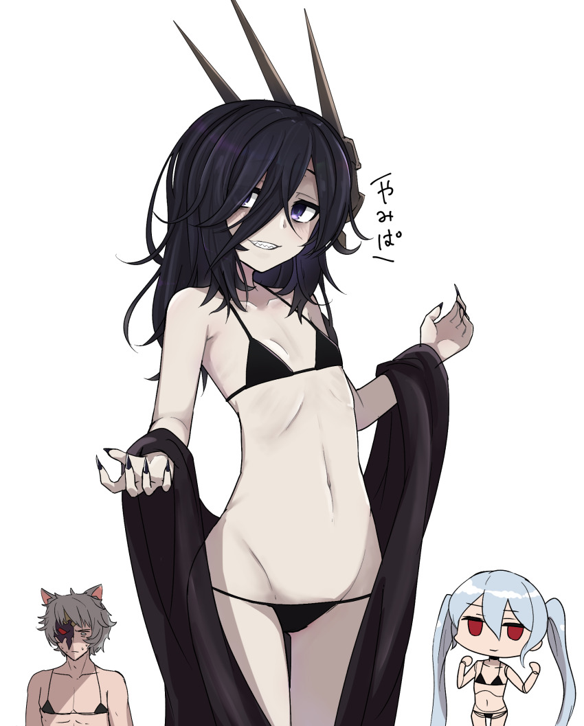 1boy, 2girls, bags_under_eyes, bikini, black_bikini, black_hair, black_nails, commentary_request, doll_joints, fingernails, flat_chest, granblue_fantasy, grin, hair_over_one_eye, headdress, highres, joints, kagari3, lich_(granblue_fantasy), messy_hair, micro_bikini, multiple_girls, nail_polish, navel, orchis, purple_eyes, seox_(granblue_fantasy), sharp_fingernails, sharp_teeth, simple_background, smile, swimsuit, teeth, white_background