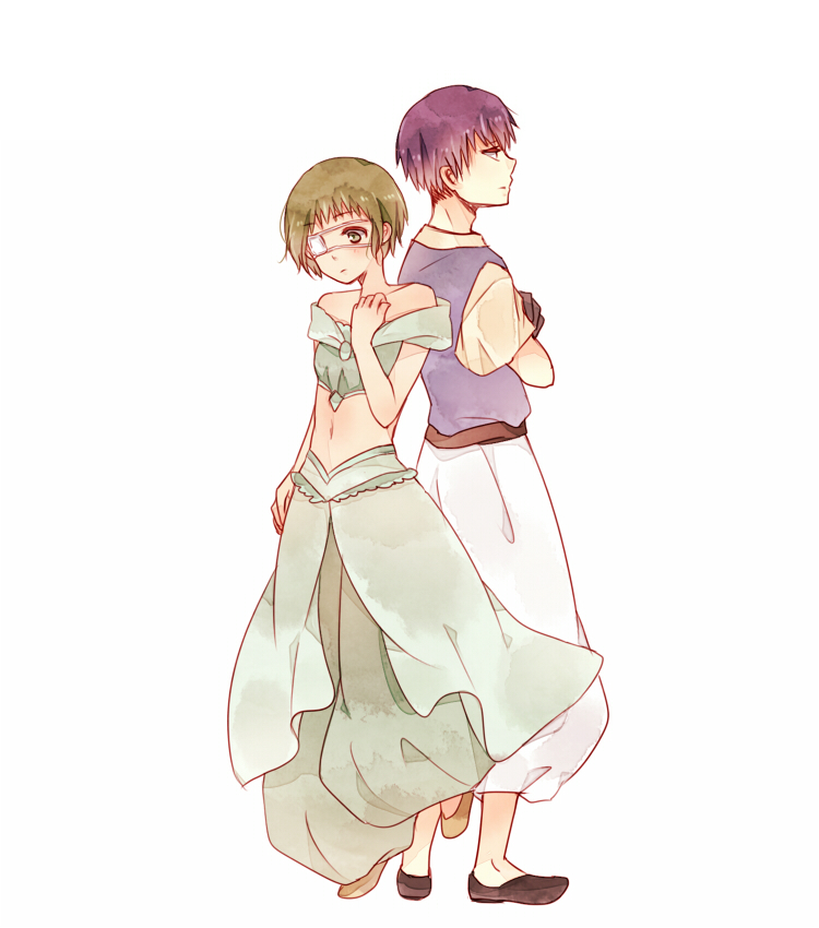 1boy, 1girl, aladdin_(character)_(cosplay), aladdin_(disney), arabian_clothes, back-to-back, bad_id, bad_pixiv_id