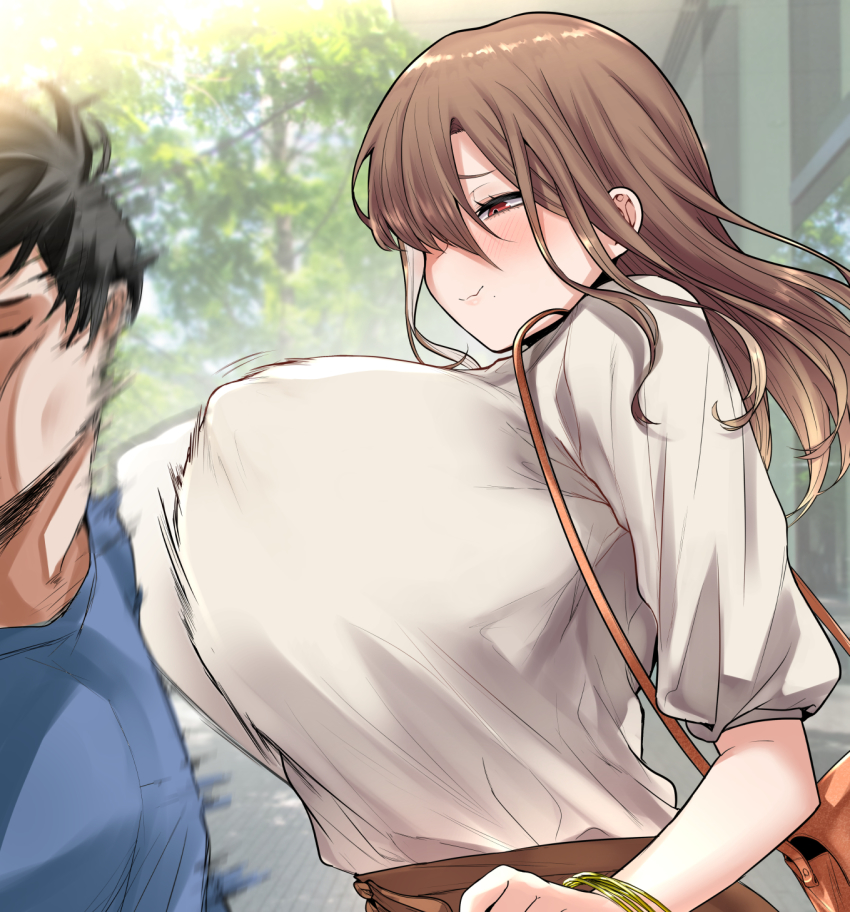 1boy, 1girl, bangle, black_hair, blouse, blush, bouncing_breasts, bracelet, breast_attack, breasts, brown_hair, closed_eyes, hair_over_one_eye, half-closed_eyes, highres, huge_breasts, jewelry, motion_lines, original, photo_background, powerful_breasts, red_eyes, ricochet-gou, shirt, smile, speed_lines, swinging, upper_body