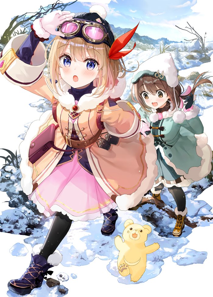 2girls, beanie, black_headwear, black_legwear, blue_eyes, blue_footwear, blue_sky, blush