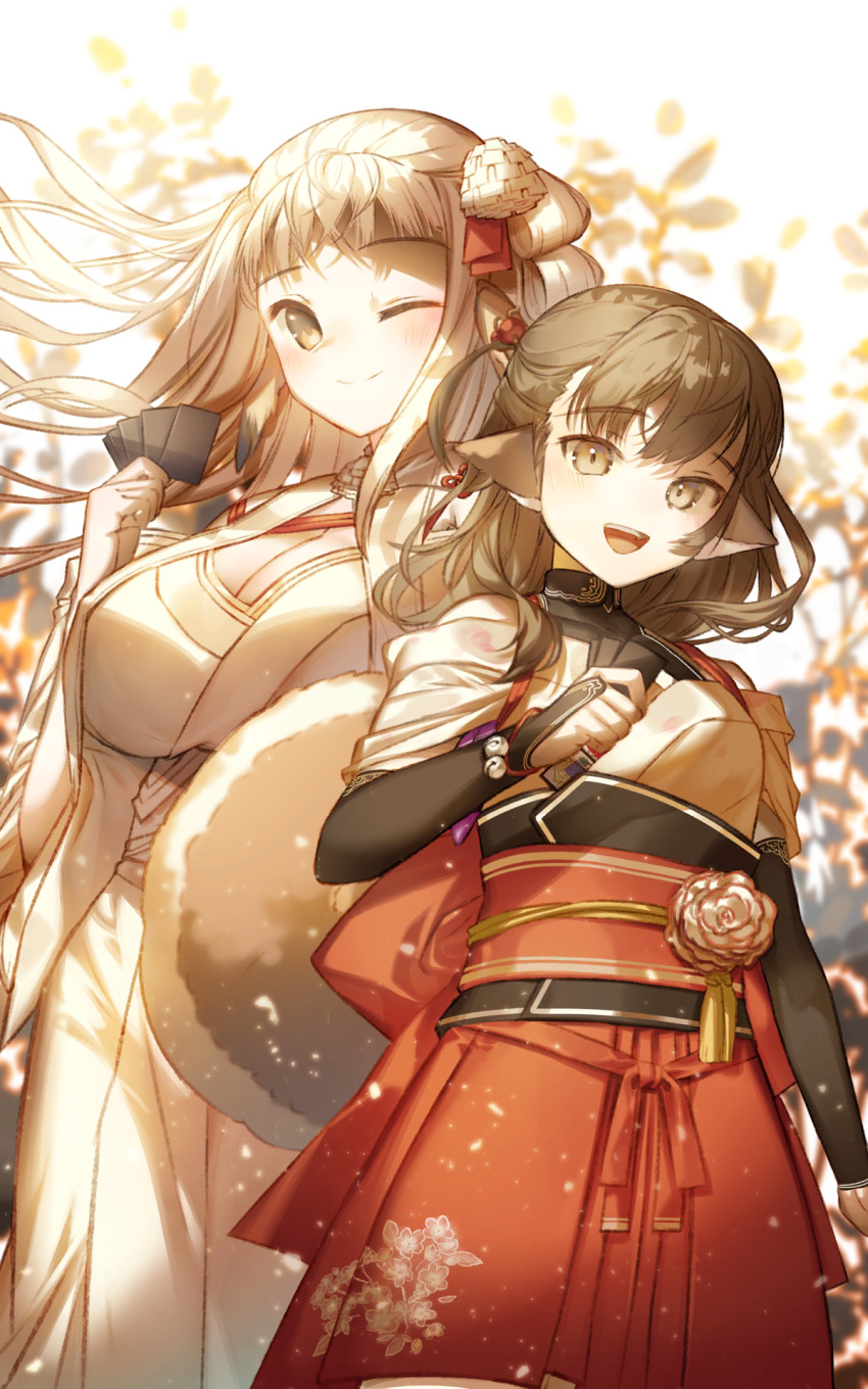 2girls, animal_ears, aquaplus, artist_request, blurry, blurry_background, blush, breasts