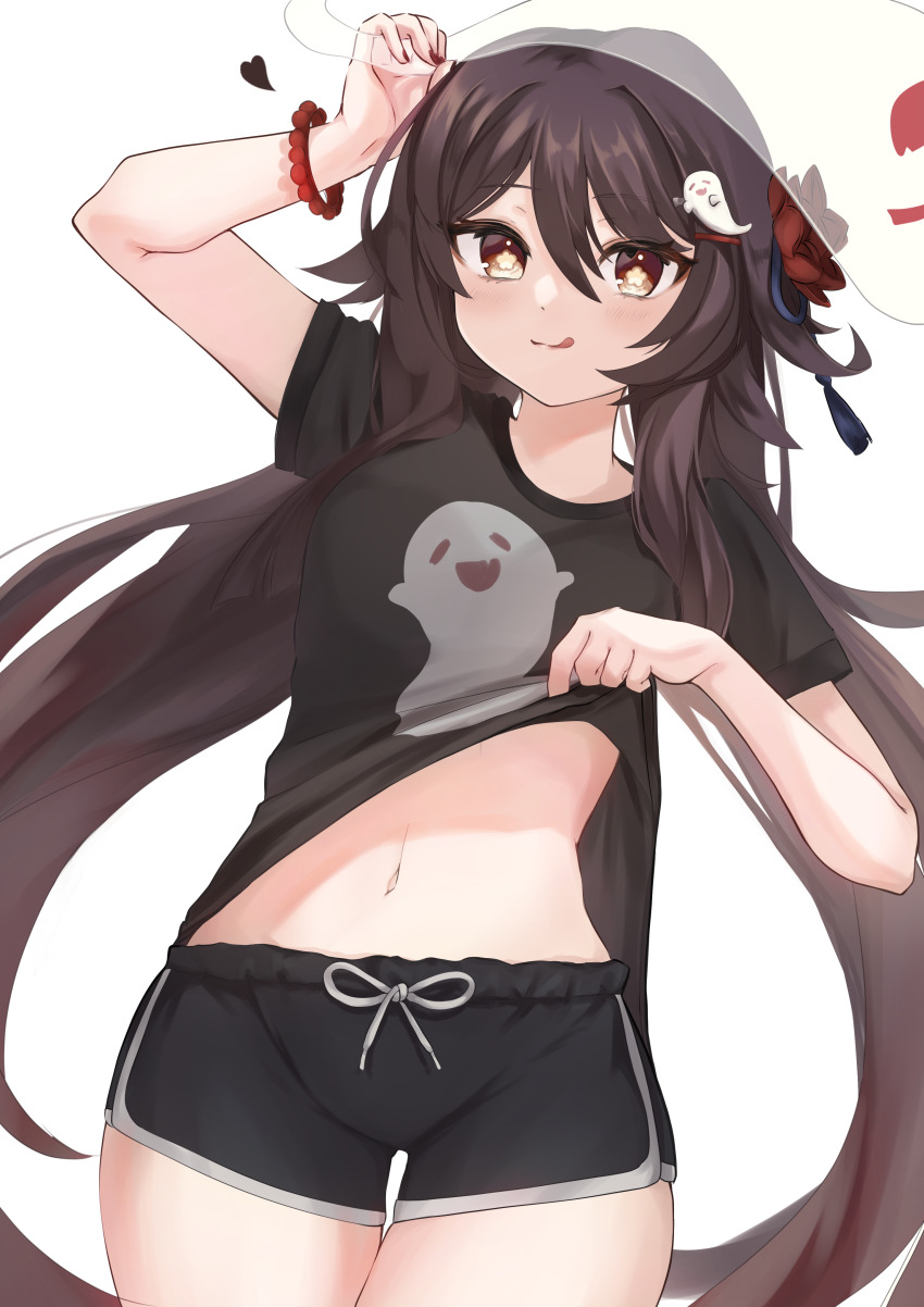 1girl, :p, absurdres, baba_kirika, bead_bracelet, beads, black_shirt, black_shorts