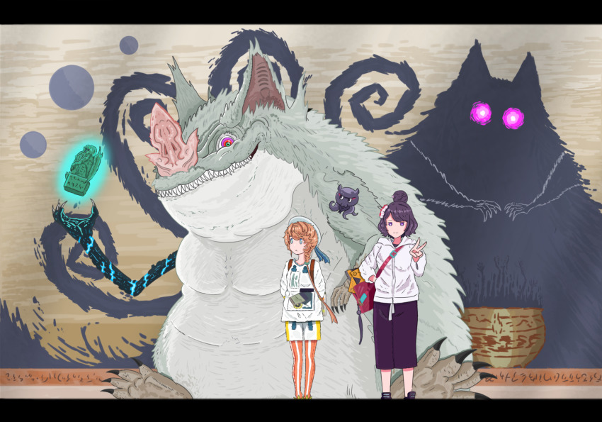 2girls, closed_mouth, cthulhu_mythos, fate/grand_order, fate_(series), hair_bun, highres, jacket