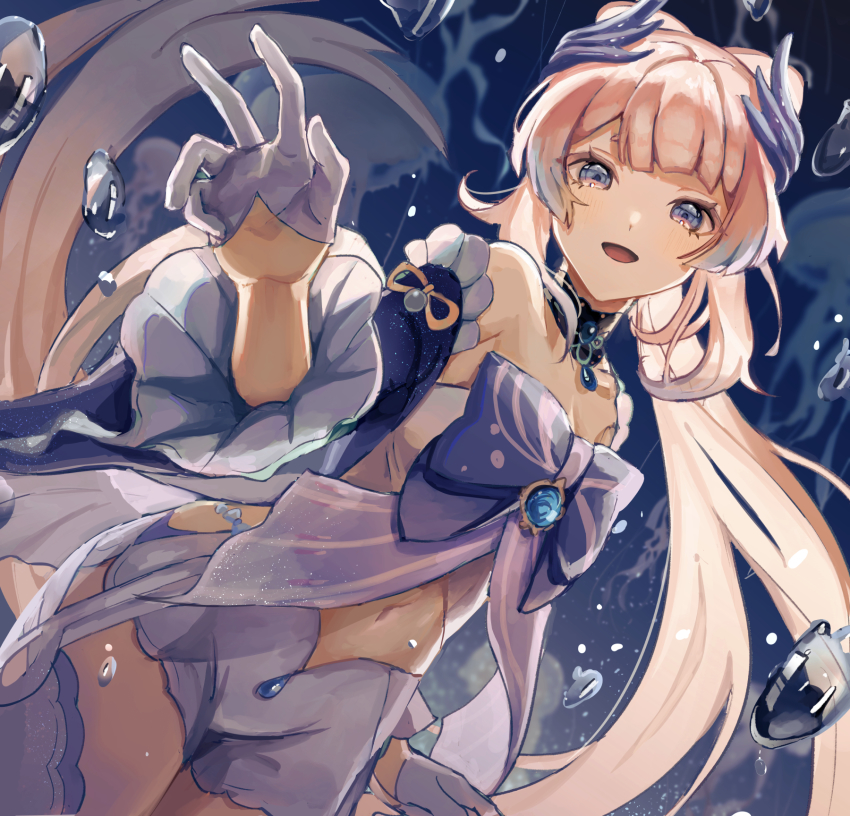 1girl, bare_shoulders, blue_bow, blue_dress, blue_eyes, blunt_bangs, bow, bubble