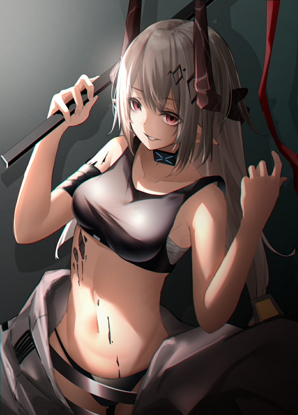 1girl, arknights, bare_arms, bare_shoulders, bikini, black_bikini, collar, collarbone, commentary_request, cowboy_shot, empty_eyes, gluteal_fold, highres, holding, holding_weapon, horns, infection_monitor_(arknights), kureneko, long_hair, material_growth, mudrock_(arknights), mudrock_(elite_ii)_(arknights), navel, open_clothes, oripathy_lesion_(arknights), parted_lips, pointy_ears, red_eyes, sarashi, silver_hair, smile, solo, stomach, swimsuit, very_long_hair, weapon, yandere