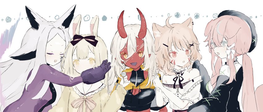 5girls, absurdres, akumi_(yoclesh), animal_ears, bell, beret, black_headwear, blonde_hair, bodysuit, breasts, cat_ears, cat_girl, cheek_poking, cleavage, cleavage_cutout, closed_eyes, clothing_cutout, colored_skin, commission, detached_collar, dog_ears, dog_girl, dyarikku_(vtuber), fox_ears, grey_hair, halterneck, hat, highres, horns, long_hair, medium_breasts, multiple_girls, off-shoulder_shirt, off_shoulder, open_mouth, pink_hair, poking, potowari, purple_bodysuit, red_skin, second-party_source, shirt, shyrei_faolan, skeb_commission, skin-covered_horns, smile, virtual_youtuber, vyugen, white_background, white_hair, yellow_eyes, yenko_(vtuber), yuniiho_(vtuber)