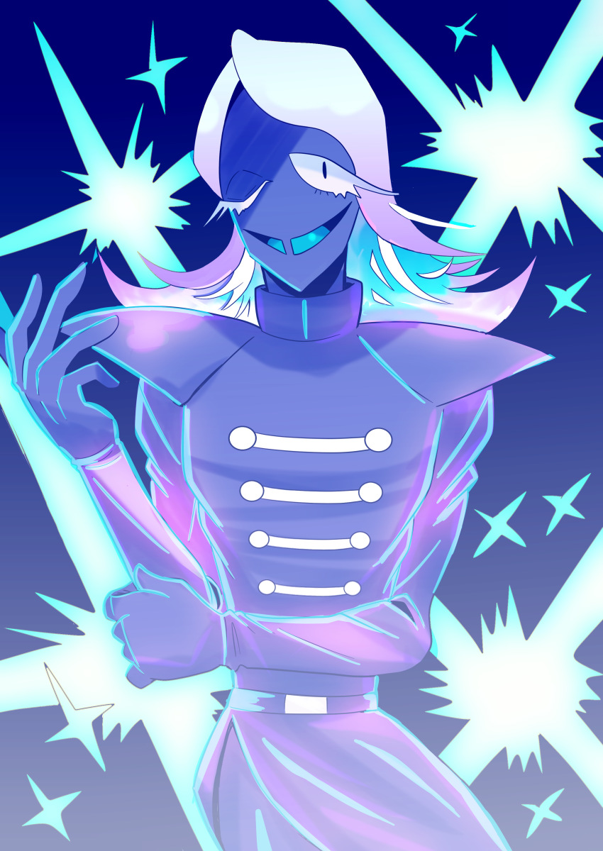 1boy, absurdres, blue_background, blue_skin, colored_skin, deltarune, hand_up, highres, jiba_(mirukurimu89), long_hair, long_sleeves, one_eye_closed, rouxls_kaard, simple_background, solo, standing, utdr_(toby_fox), white_hair