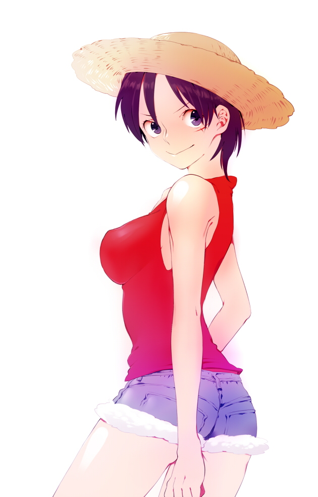 1girl, bad_id, bad_pixiv_id, brown_hair, female_focus, genderswap, genderswap_(mtf), hat, luffyko, monkey_d._luffy, one_piece, scar, short_hair, short_shorts, shorts, solo, straw_hat, yawa
