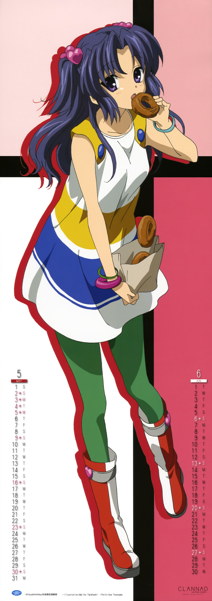 00s, 1girl, absurdres, bag, boots, calendar, clannad, donut