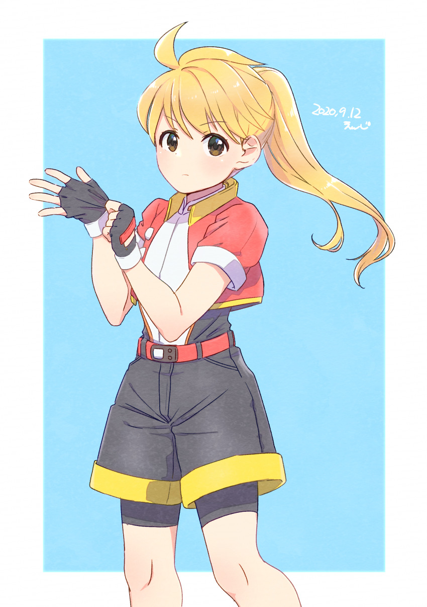 1girl, absurdres, adjusting_clothes, adjusting_gloves, belt, belt_buckle, bike_shorts, bike_shorts_under_shorts