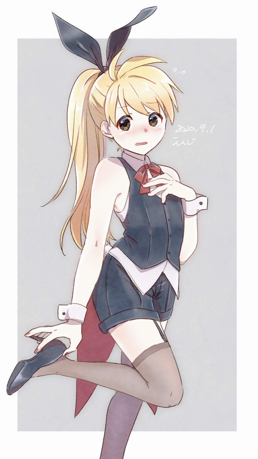1girl, black_footwear, black_shorts, black_vest, blonde_hair, brown_eyes, brown_thighhighs, buttons, collared_shirt, commentary_request, enjienjin, high_heels, highres, leg_up, looking_at_viewer, nail_polish, neck_ribbon, nintendo, pokemon, pokemon_adventures, ponytail, red_ribbon, ribbon, shirt, shorts, sleeveless, sleeveless_shirt, solo, thighhighs, vest, white_shirt, wrist_cuffs, yellow_(pokemon)