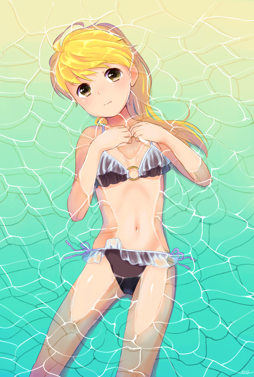 1girl, ahoge, bikini, blonde_hair, brown_bikini, brown_eyes, closed_mouth, commentary_request, enjienjin, frilled_swimsuit, frills, from_above, highres, long_hair, looking_at_viewer, lying, navel, nintendo, on_back, own_hands_together, partially_submerged, pokemon, pokemon_adventures, side-tie_bikini_bottom, solo, swimsuit, water, yellow_(pokemon)
