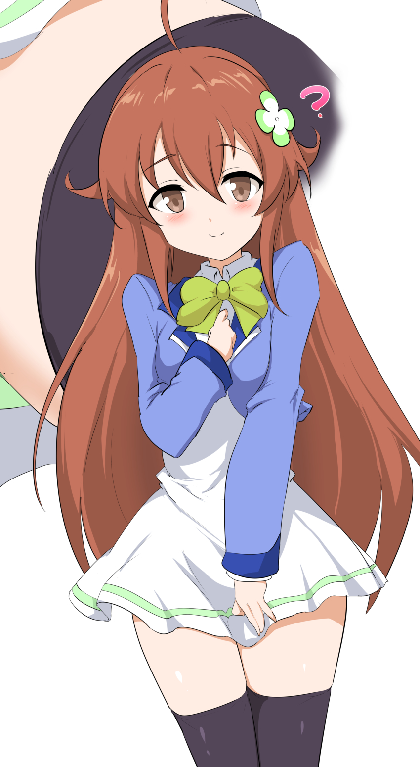 1girl, ?, absurdres, ahoge, amamiya_mimori, black_thighhighs, blue_jacket, blush