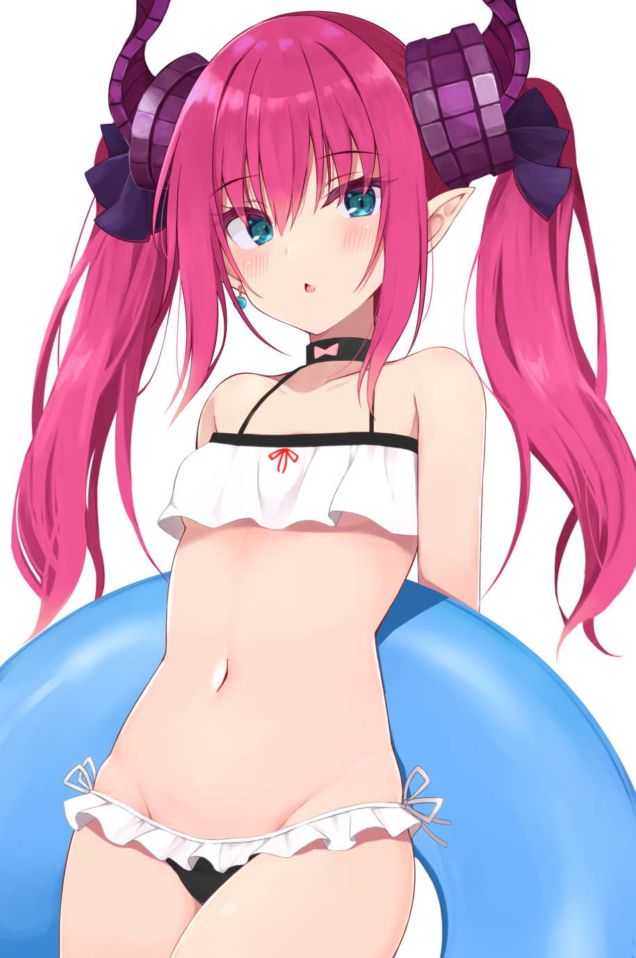 1girl, bare_shoulders, bikini, bikini_skirt, blue_eyes, blush, bow, breasts, curled_horns, dragon_girl, dragon_horns, dragon_tail, elizabeth_bathory_(fate), elizabeth_bathory_(fate/extra), fate/extella, fate/extella_link, fate/extra, fate/grand_order, fate_(series), frilled_bikini, frills, hair_between_eyes, hair_ribbon, highres, horns, innertube, long_hair, looking_at_viewer, navel, pink_hair, pointy_ears, ribbon, shimejirou_(000kk), sidelocks, small_breasts, smile, solo, swim_ring, swimsuit, tail, two_side_up, white_bikini, white_bow