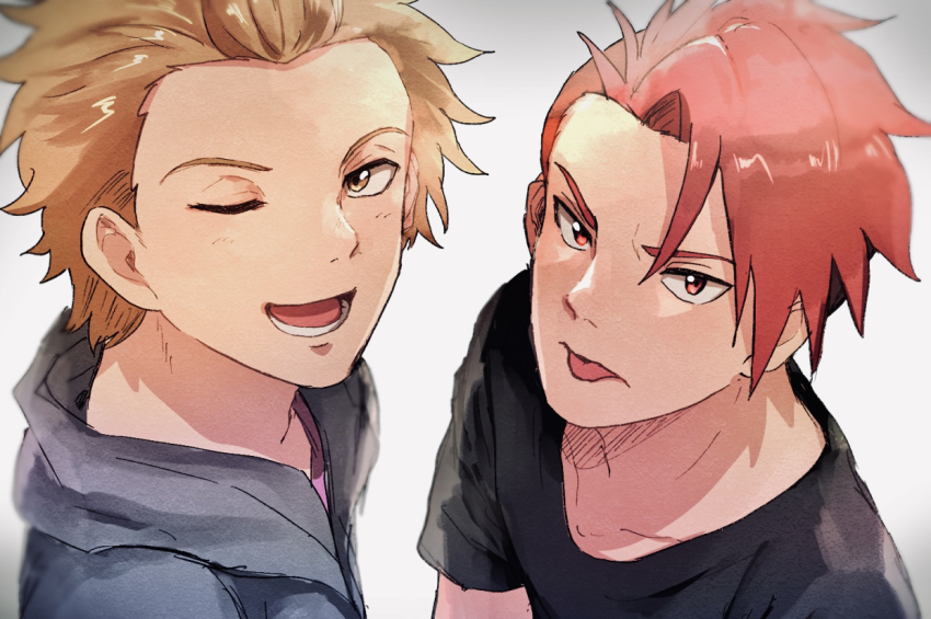 2boys, ;d, black_shirt, brown_eyes, eijiri_takekazu, jojima_jo, light_brown_hair, looking_at_viewer, male_focus, multiple_boys, one_eye_closed, open_mouth, re-main, red_eyes, red_hair, sako_(oyatutabero), shirt, short_hair, simple_background, smile, t-shirt, tongue, tongue_out, upper_body, white_background
