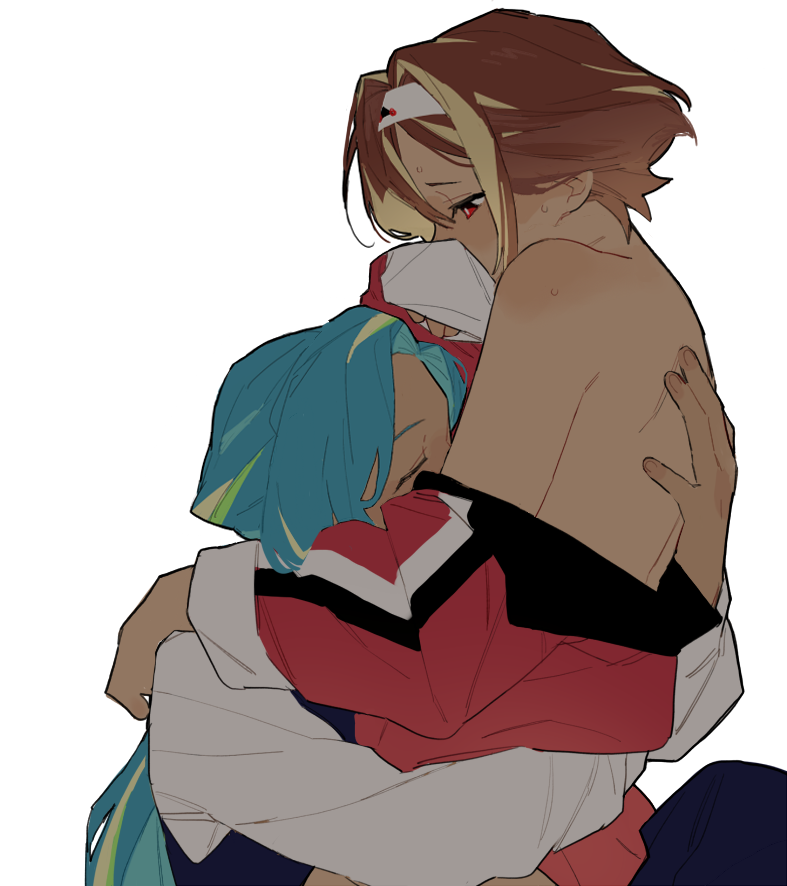 2girls, aqua_hair, back, blonde_hair, blue_vest, brown_hair, chocolate_bonbon_cookie, chocolate_bonbon_cookie_(a.c.i.d._f/w_collection), closed_eyes, cookie_run, cookie_run:_ovenbreak, dayama, hand_on_another's_back, headband, hug, humanization, jacket, long_hair, long_sleeves, multicolored_hair, multiple_girls, off_shoulder, red_eyes, red_jacket, shirt, short_hair, sleeve_cuffs, sleeves_past_wrists, sour_belt_cookie, streaked_hair, sweat, upper_body, vest, white_shirt, yuri