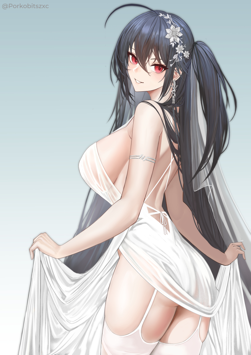 1girl, absurdres, ass, azur_lane, backless_dress, backless_outfit, black_hair, breasts