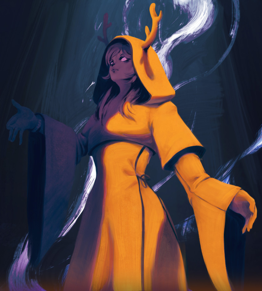 1girl, absurdres, antlers, deltarune, empty_eyes, highres, hood, horns, knifesart, long_hair, no_pupils, noelle_holiday, noelle_holiday_(dark_world), robe, solo, spoilers, standing, utdr_(toby_fox), watch, wide_sleeves, wristwatch