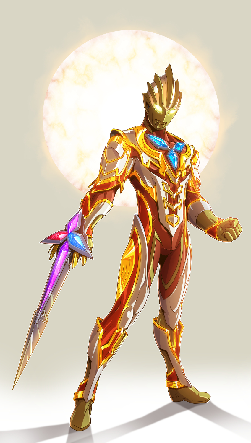 1boy, alien, arm_blade, blade, bodysuit, color_timer, glowing, glowing_eyes, glowing_lines, highres, kuroda_asaki, multicolored_bodysuit, no_humans, no_pupils, red_bodysuit, sword, tokusatsu, ultra_series, ultraman_trigger, ultraman_trigger_(glitter_trigger_eternity), ultraman_trigger_(series), weapon