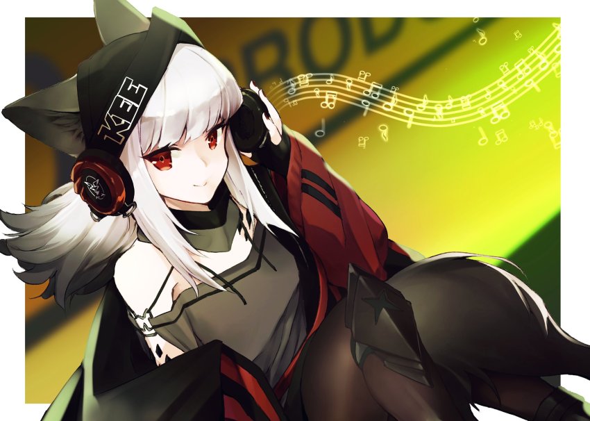 1girl, animal_ears, arknights, bare_shoulders, closed_mouth, e-bushi, ears_through_headwear, fox_ears