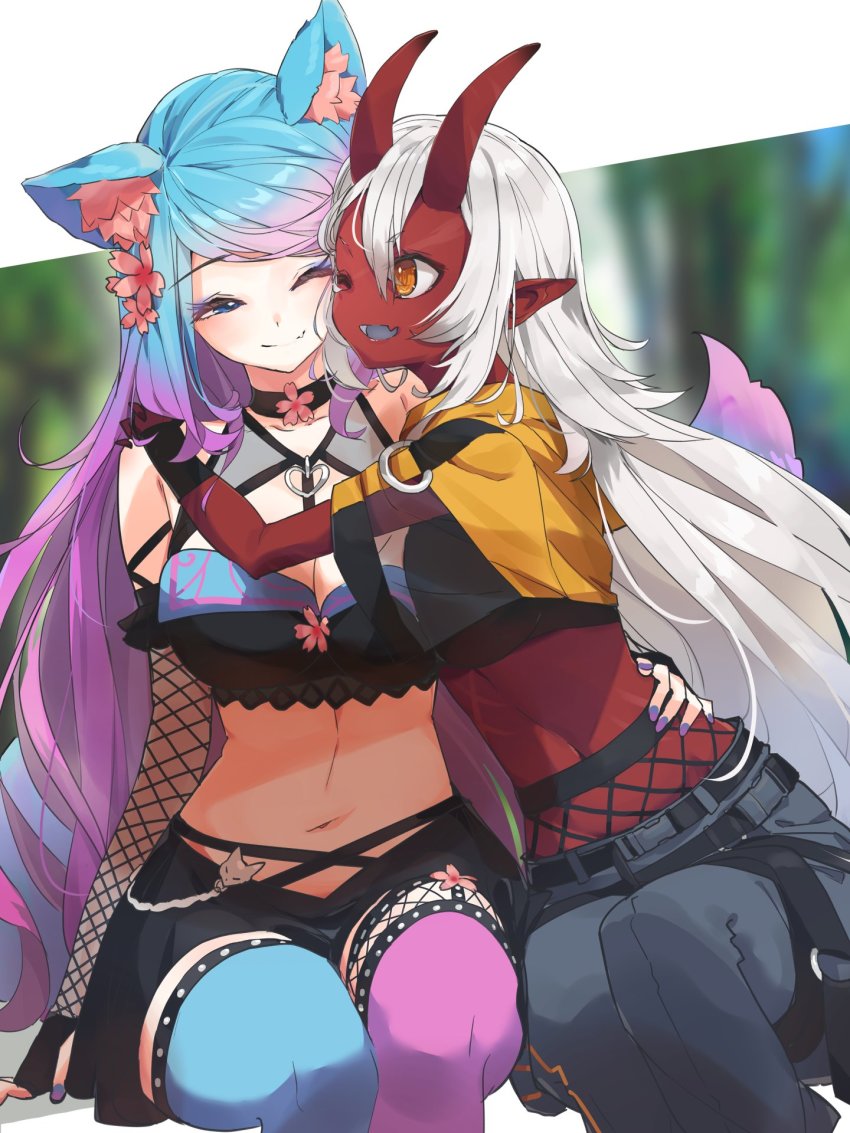 2girls, akumi_(yoclesh), animal_ear_fluff, animal_ears, asymmetrical_legwear, black_pants, black_skirt, blue_hair, breasts, cleavage, colored_skin, fingerless_gloves, fishnet_sleeves, fishnets, gloves, gradient_hair, highres, horns, hug, invisible_chair, jacket, long_hair, looking_at_another, midriff, mismatched_legwear, multicolored_hair, multiple_girls, one_eye_closed, open_clothes, open_jacket, pants, pointy_ears, purple_hair, rb2, red_skin, silvervale, silvervale_(4th_costume), silvervale_(silver_2.0), sitting, skin-covered_horns, skirt, smile, virtual_youtuber, vshojo, vyugen, white_hair, wolf_ears, yellow_jacket