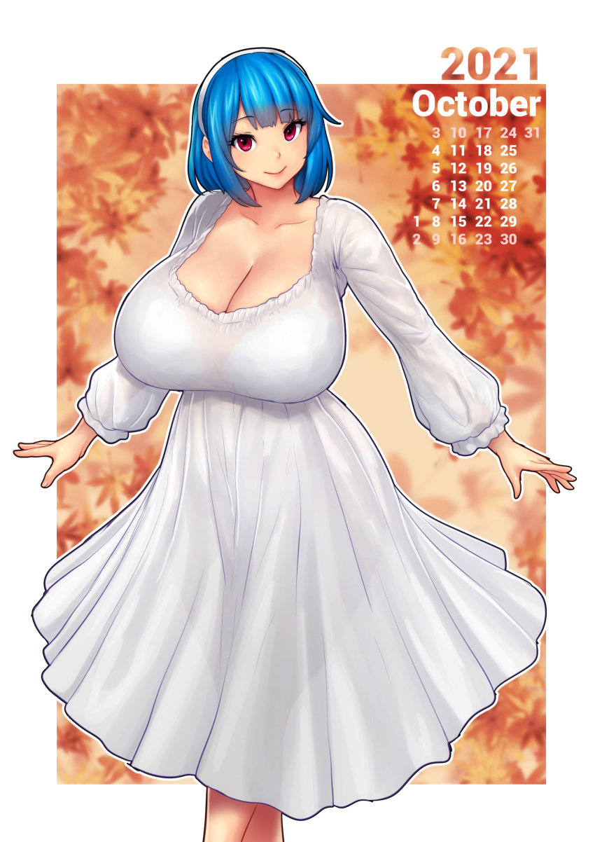 1girl, absurdres, blue_hair, blunt_bangs, bra, breasts, calendar_(medium), cleavage