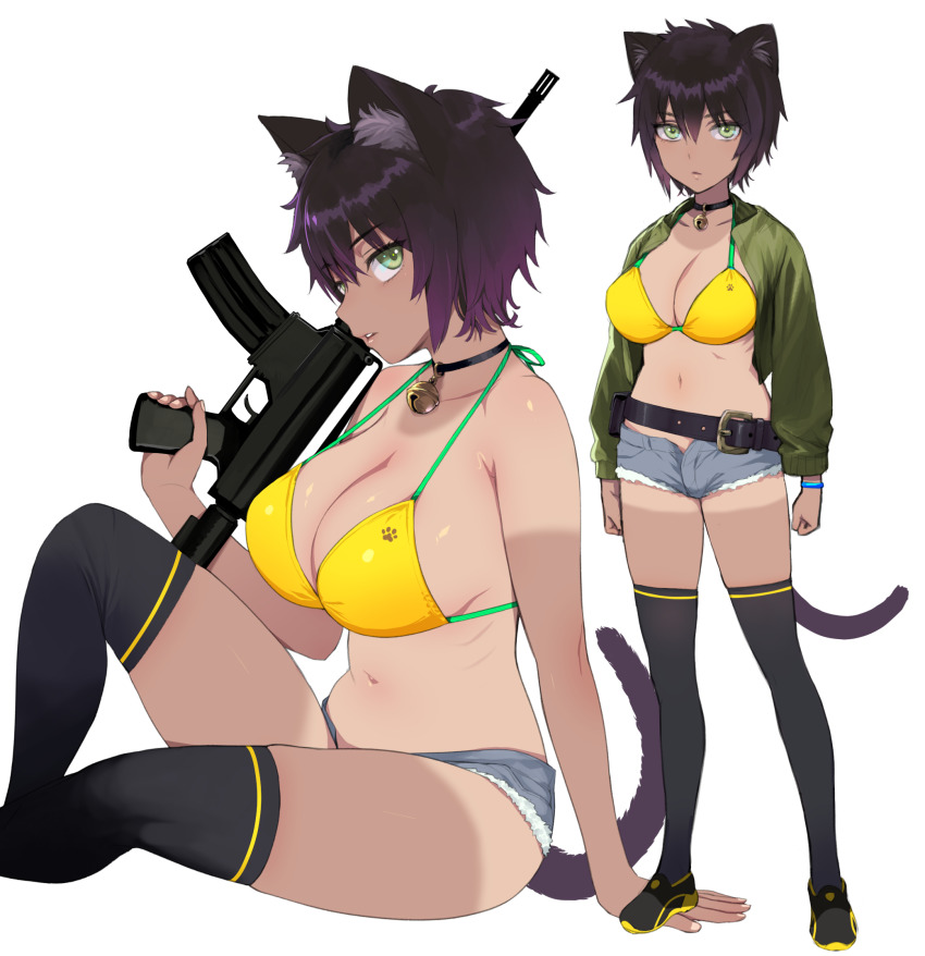 1girl, animal_ears, atori_yoru, bad_id, bad_pixiv_id, bell, bikini, bikini_top_only, bikini_under_clothes, black_hair, black_thighhighs, breasts, cat_ears, cat_girl, cat_tail, dark-skinned_female, dark_skin, gradient_hair, green_bikini, green_eyes, green_jacket, gun, highres, holding, holding_weapon, indie_virtual_youtuber, jacket, jingle_bell, large_breasts, looking_at_viewer, multicolored_bikini, multicolored_hair, navel, neck_bell, one-piece_tan, paw_print, purple_hair, rifle, short_hair, shorts, sitting, skindentation, solo, standing, swimsuit, swimsuit_under_clothes, tail, tan, tanline, thighhighs, virtual_youtuber, weapon, white_background, yellow_bikini, yuzuriha_(active_homing)