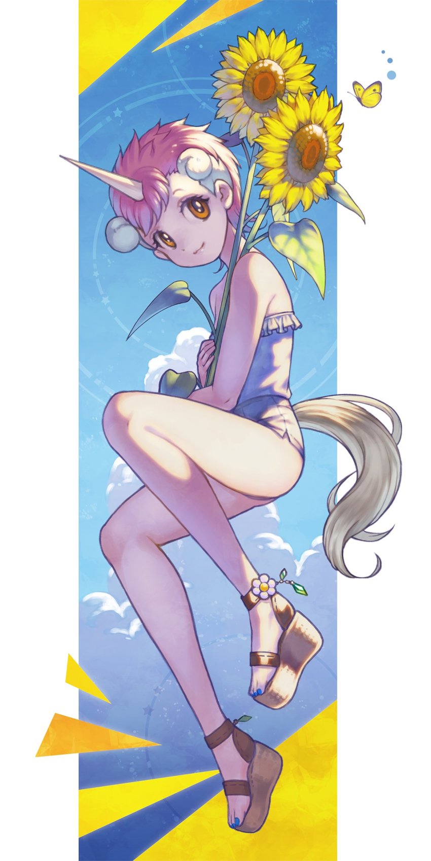 1girl, alternate_costume, bare_legs, bare_shoulders, blush, commentary_request, flower, highres