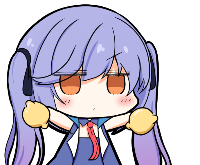 1girl, azur_lane, blush, bow, brown_eyes, chibi, commentary_request, detached_collar, dual_wielding, essex_(azur_lane), food, fruit, hair_between_eyes, hair_bow, hair_ribbon, holding, holding_food, holding_fruit, lemon, long_hair, looking_at_viewer, necktie, nejikirio_(style), parody, purple_hair, ribbon, sidelocks, simple_background, solo, style_parody, svol, transparent_background