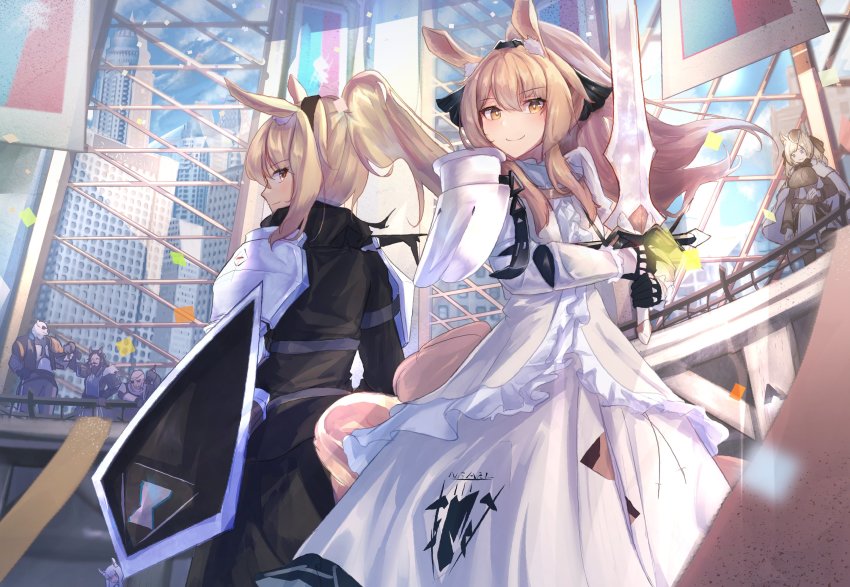 3boys, 3girls, absurdres, animal_ear_fluff, animal_ears, arknights, armor, aunt_and_niece