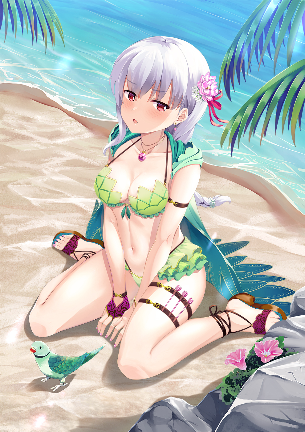 1girl, armlet, bare_shoulders, beach, bikini, bird, blush, bracelet, braid, braided_ponytail, breasts, cleavage, collarbone, earrings, fate/grand_order, fate_(series), flower, frills, green_bikini, green_vest, hair_flower, hair_ornament, hair_ribbon, highres, hood, hooded_vest, hoodie, jewelry, kama_(fate), kama_(second_ascension)_(fate), kama_(swimsuit_avenger)_(second_ascension)_(fate), kama_(teenager)_(fate), long_hair, looking_at_viewer, lotus, medium_breasts, nail_polish, navel, necklace, ocean, ochikata_kage, open_mouth, parakeet, pendant, red_eyes, ribbon, sandals, shore, silver_hair, sitting, solo, swimsuit, vest