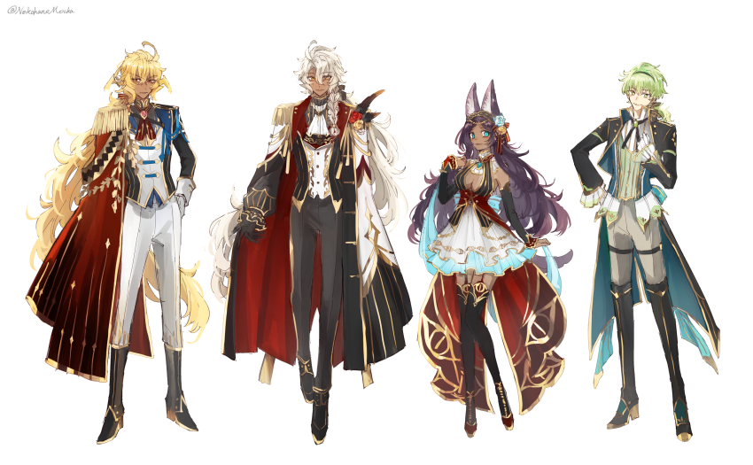 1girl, 3boys, animal_ears, black_gloves, blonde_hair, blue_eyes, boots, braid