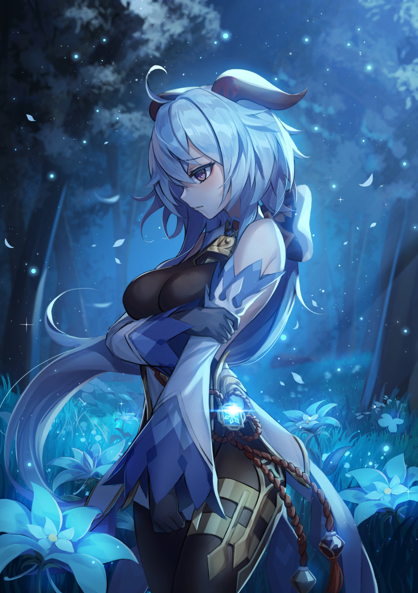 absurdres, ahoge, arm_under_breasts, bare_shoulders, bell, black_gloves, black_legwear, blue_hair