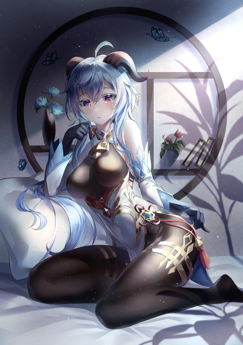 absurdres, ahoge, bare_shoulders, bed, bell, black_gloves, black_legwear, blue_hair