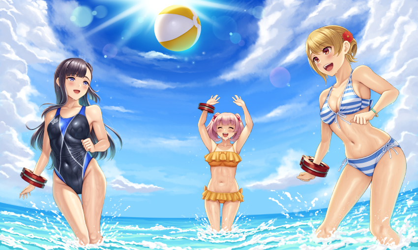 3girls, :d, ^_^, annette_koenig, armpits, arms_up, asymmetrical_bangs, ball