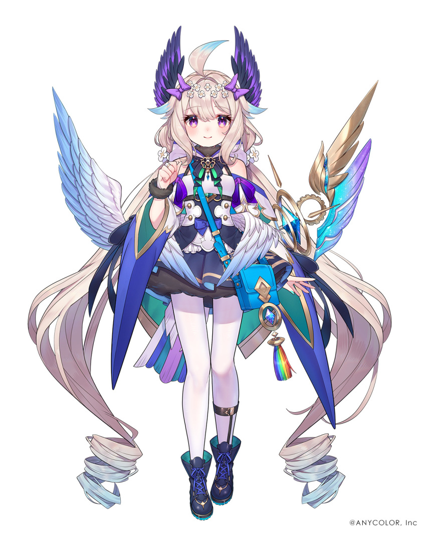1girl, absurdly_long_hair, ahoge, aqua_nails, bare_shoulders, bird_girl, blonde_hair, blue_boots