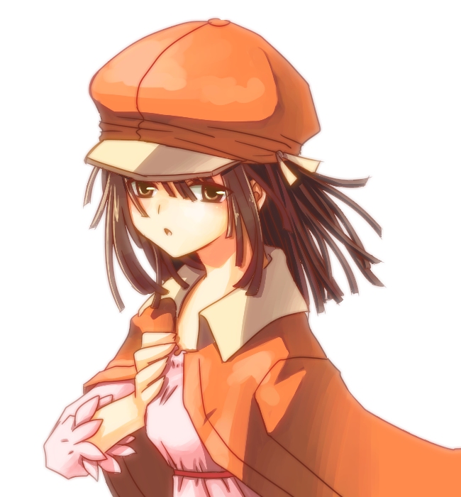 1girl, bakemonogatari, brown_hair, commentary_request, dress, hair_between_eyes, hat, jacket, looking_at_viewer, medium_hair, meek_nadeko, monogatari_(series), newsboy_cap, open_mouth, orange_jacket, pink_dress, sakakura_(sariri), sengoku_nadeko, simple_background, solo, upper_body, white_background