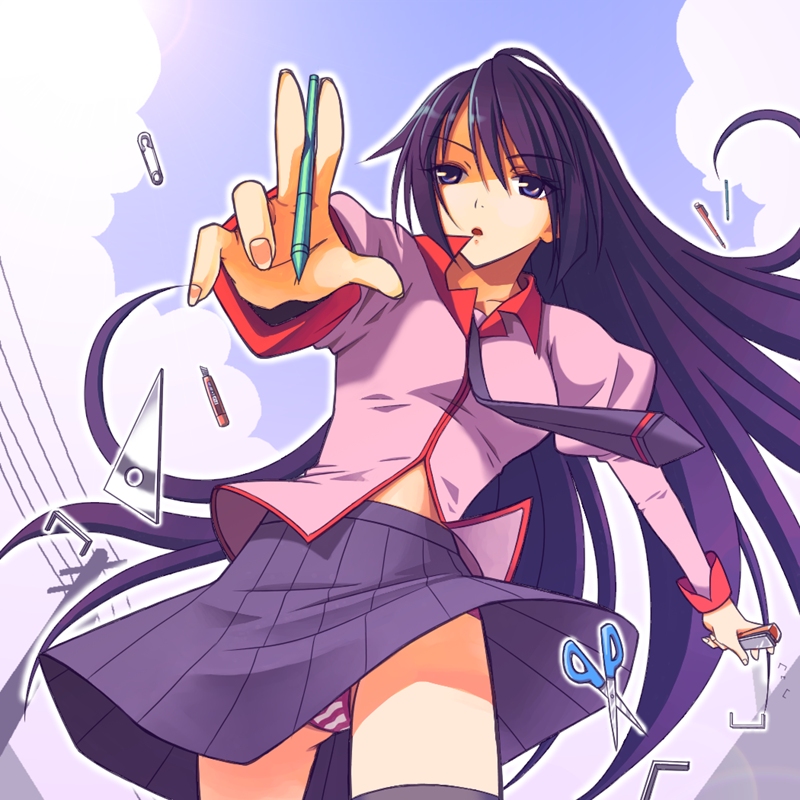 1girl, bakemonogatari, black_thighhighs, commentary_request, cowboy_shot, juliet_sleeves, long_hair, long_sleeves